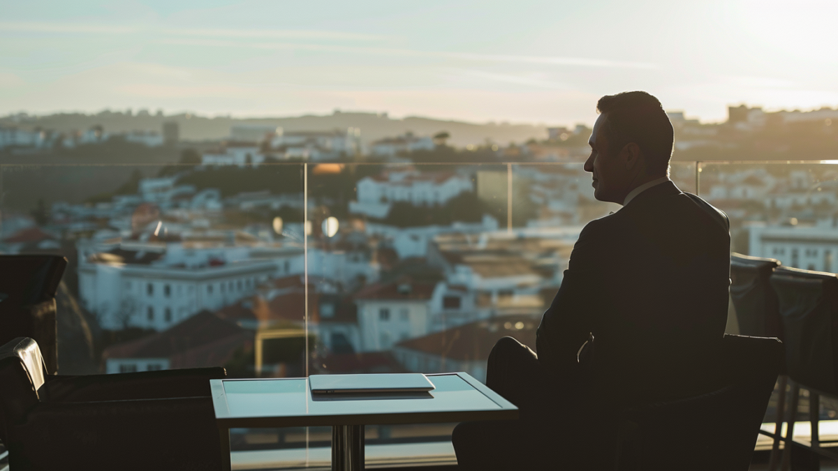 Hombre de negocios sentado en una terraza con vista a una ciudad contemplando la vista urbana al atardecer. Sobre la mesa frente a él hay un ordenador portátil cerrado.