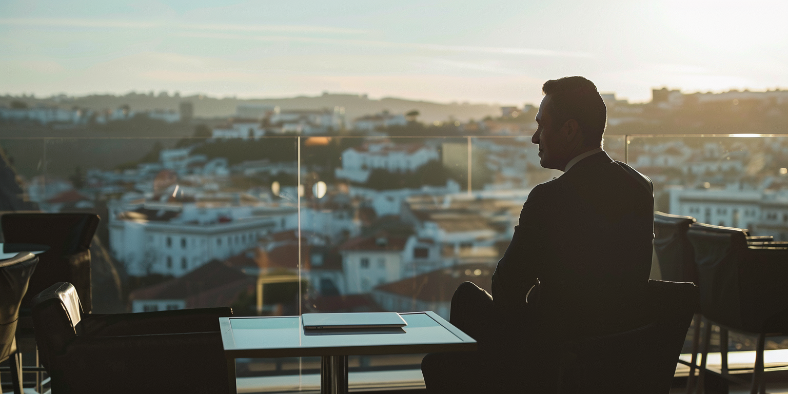 Hombre de negocios sentado en una terraza con vista a una ciudad contemplando la vista urbana al atardecer. Sobre la mesa frente a él hay un ordenador portátil cerrado.