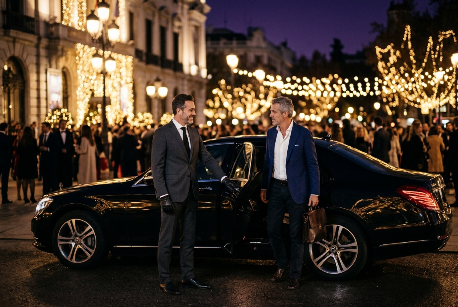 Chófer privado abriendo la puerta de un Mercedes a un cliente en Madrid durante el fin de semana del Gran Premio