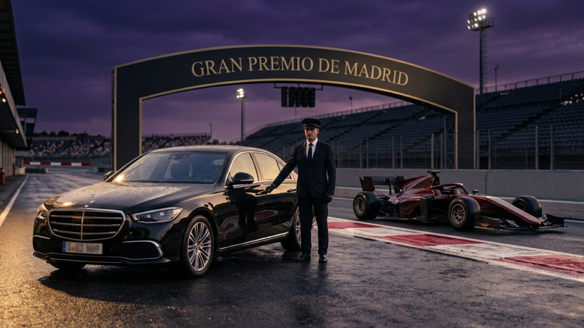 Chófer privado junto a un Mercedes Clase S frente al circuito de Fórmula 1 de Madrid al atardecer
