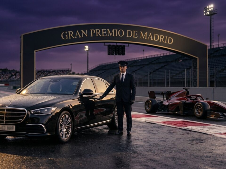 Chófer privado junto a un Mercedes Clase S frente al circuito de Fórmula 1 de Madrid al atardecer
