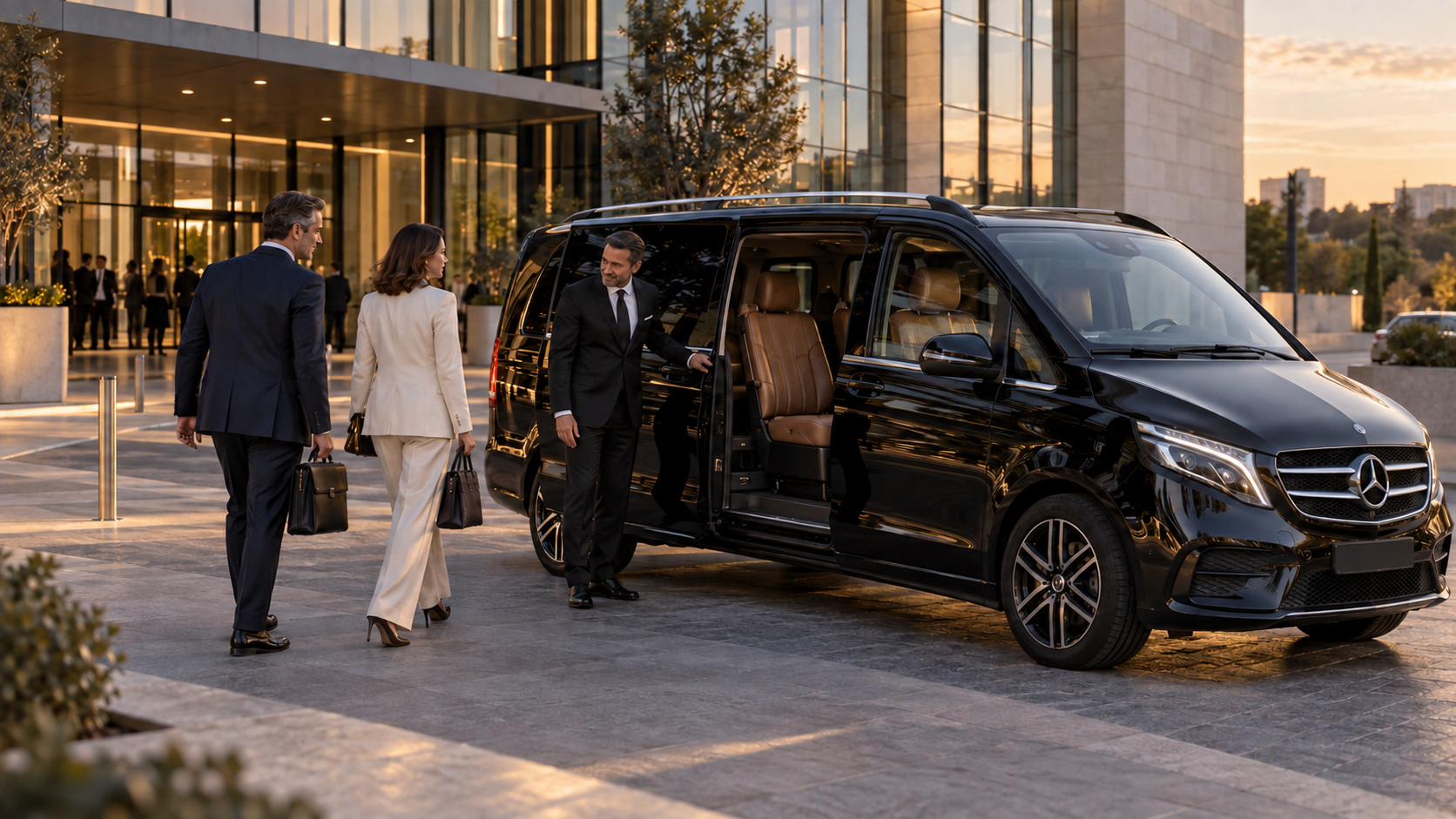 Chófer recibiendo a dos ejecutivos junto a un Mercedes Clase V en un evento corporativo.