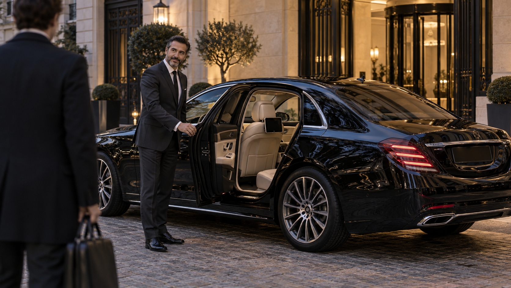 Chófer privado junto a un Mercedes negro ante la entrada de un hotel de lujo.